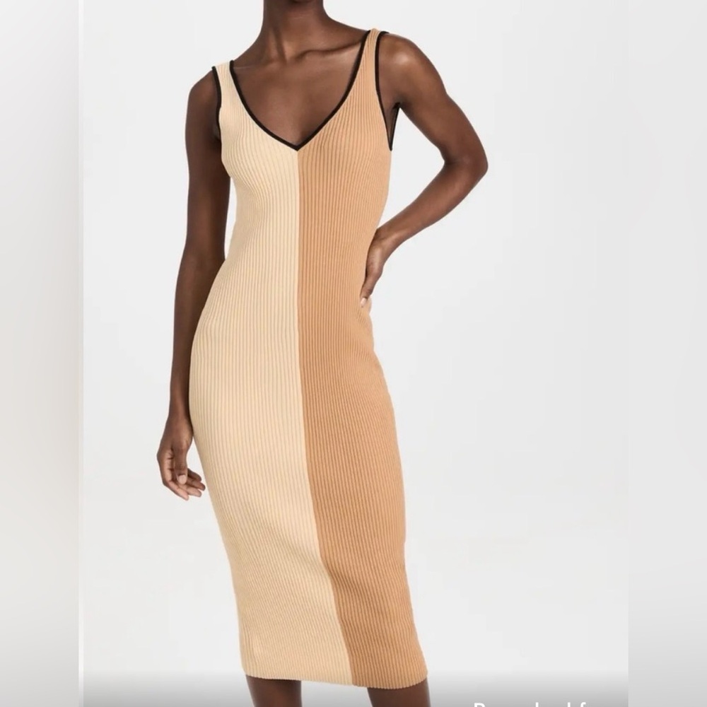 STAUD V Neck Ribbed Midi Dress Cream and Tan